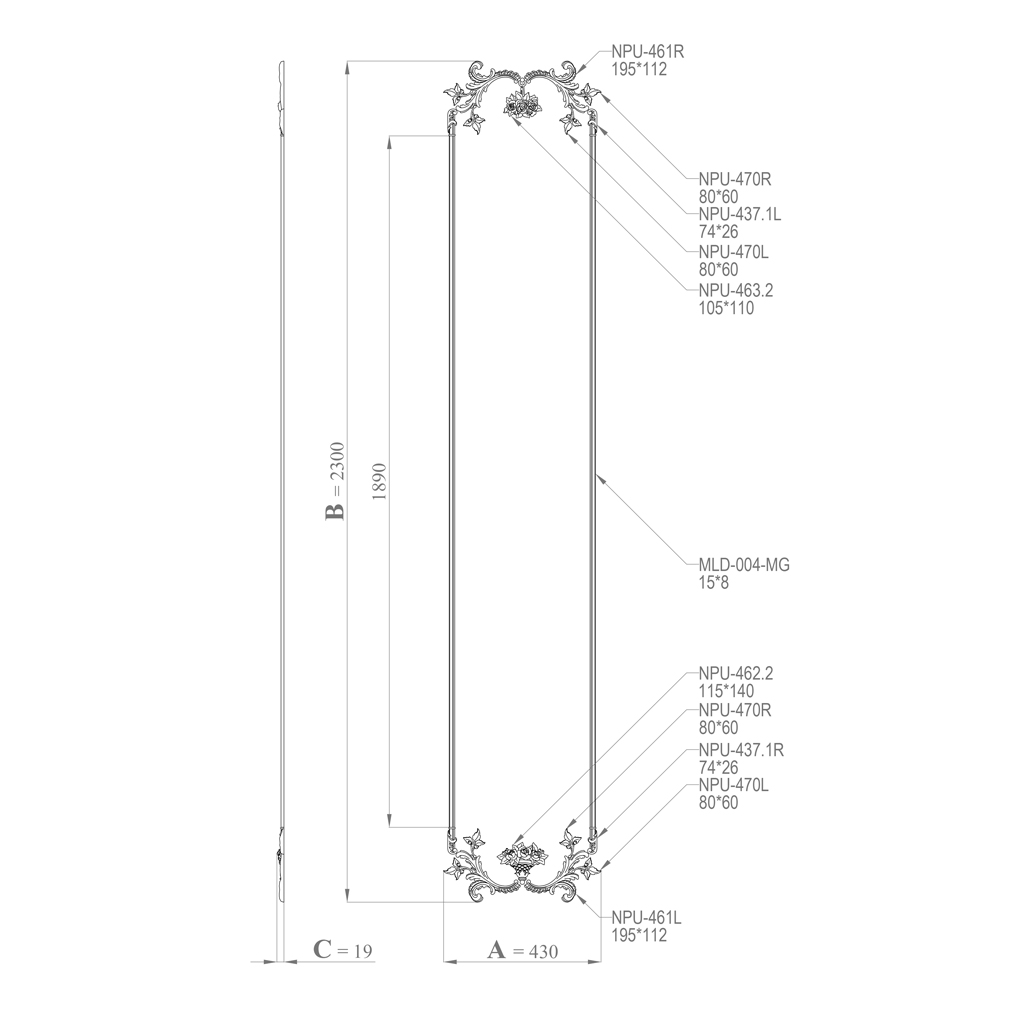 CPU-8-1 'Summer Garden' Molding Decor Kit &mdash; vertical panel with floral baskets and leaf ornament