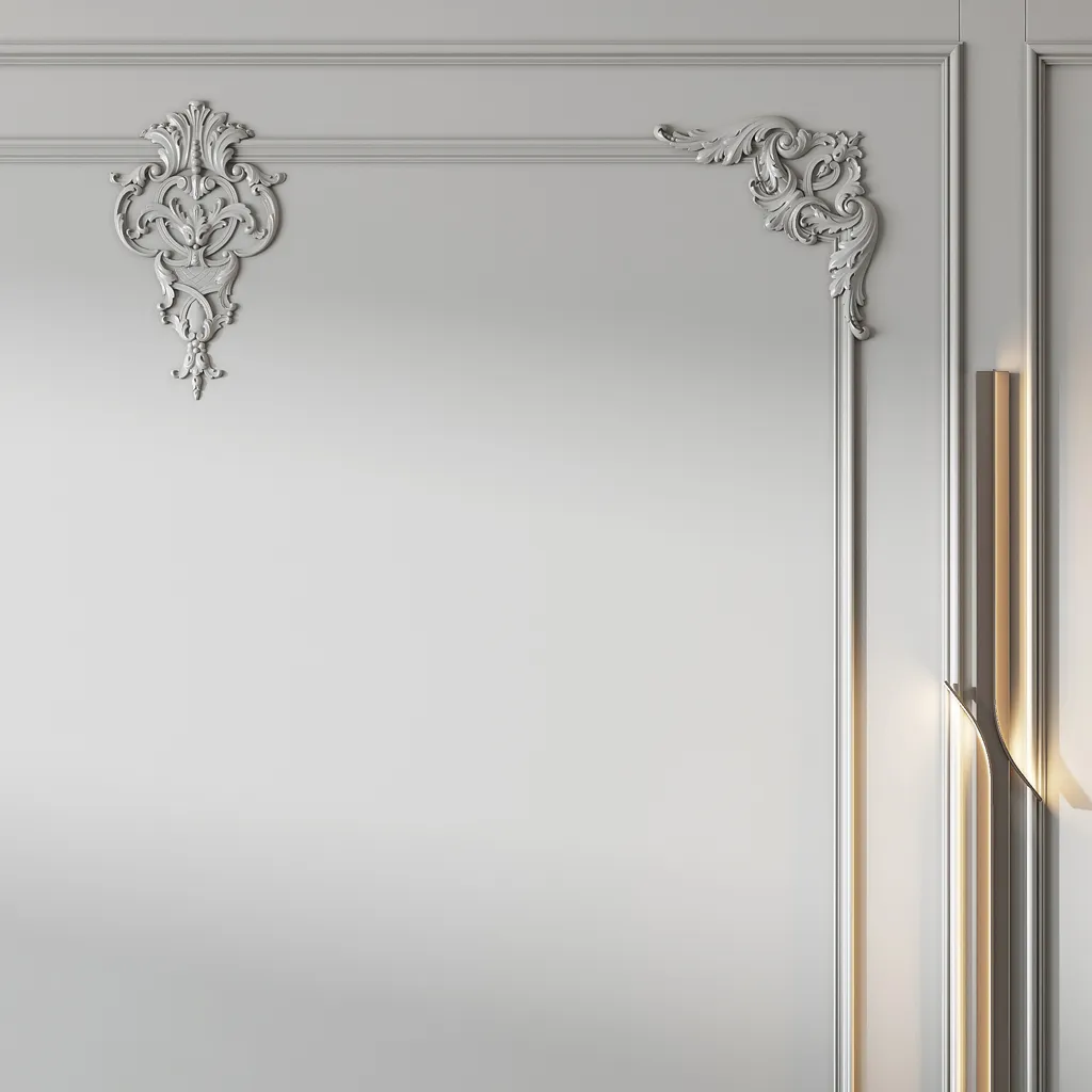 Polyurethane molding MLDPU-003 STAVROS - 3D profile view with cross-section dimensions 35&times;12 mm, white color, multi-tiered relief, polyurethane material