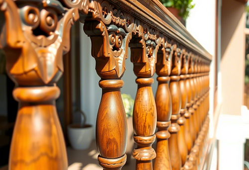 Wooden balusters with carved tops on a sunny veranda, example of Cheboksary craftsmanship