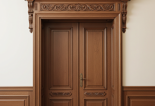Doorway with a carved wooden pediment and decorative elements in classic style