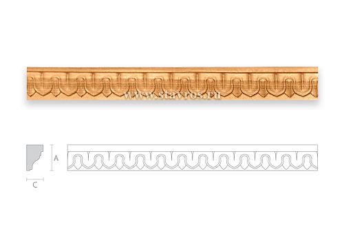 Long wooden carved element with repeating pattern and schematic drawing with dimensions.