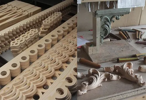 Pack of wood blanks with decorative holes, prepared for further carving and assembly.