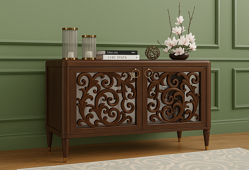 Wooden chest with carved decorative patterns on fronts and gold handles.