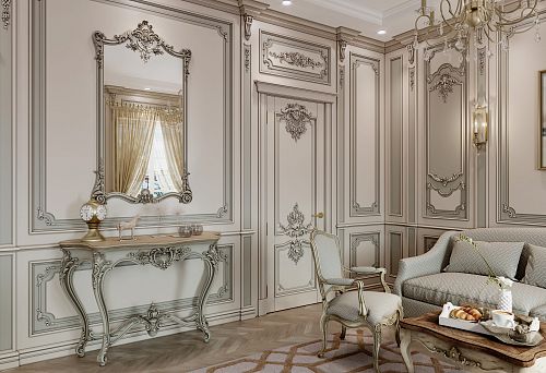 Classic Italian living room furniture in an interior with carved decoration