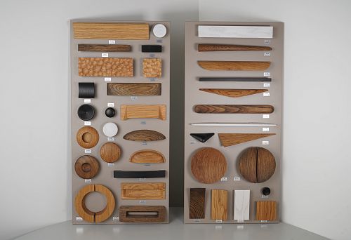 Set of wooden samples of various shapes and textures, demonstrating a wide selection of wood species and finishing options for design and production.