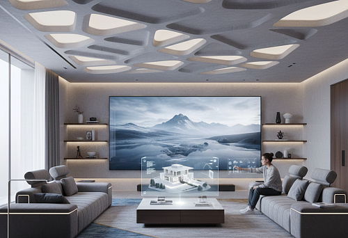 Современная гостиная 2026 с дизайнерской мебелью, архитектурной лепниной и интеграцией технологий