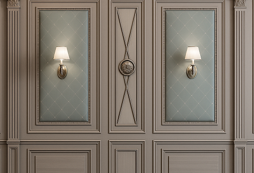 Interior with elegant half-columns and decorative panels upholstered in fabric