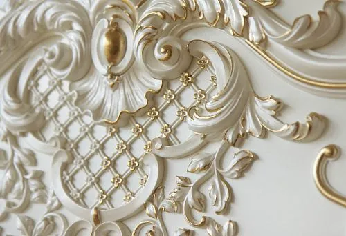 Classic decoration details: molding with gold accents, elegant patterns, and volumetric elements for interior design.