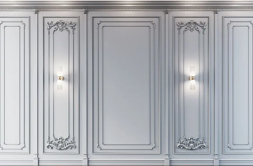 Classic wall panels with moldings and built-in sconces, elegant design with decorative moldings and carved elements.