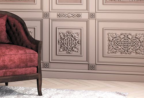 Russian-style restaurant interior with carved decorative panels