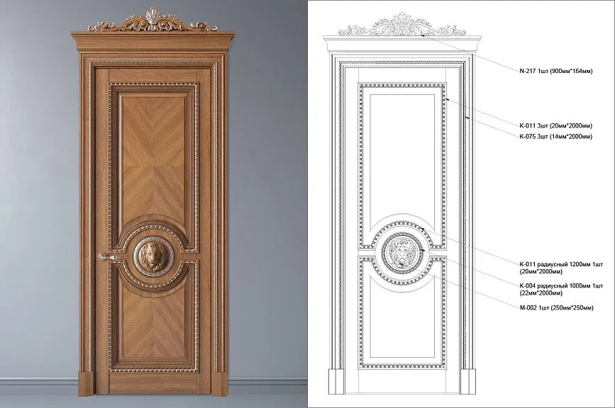 Classic wooden door with carved decoration and central relief, plus technical drawing with dimensions of elements