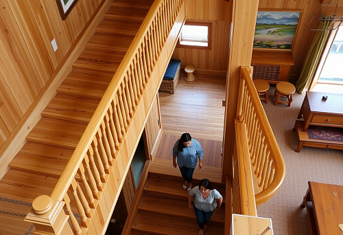Spacious interior of a private home with an elegant wooden staircase and balusters