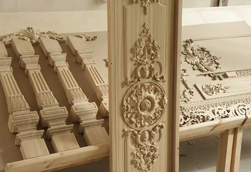 Decorative Carved Wooden Elements, Including Classical Moldings and Columns