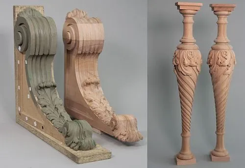 Decorative elements made of solid wood with classic patterns