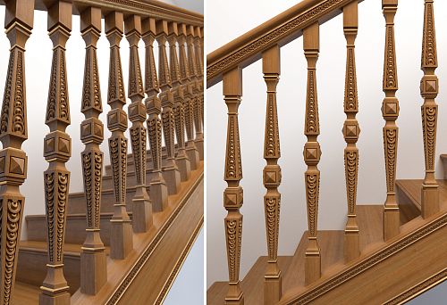 Carved Wooden Balusters on the Staircase, Connected to Handrails Using Professional Fasteners