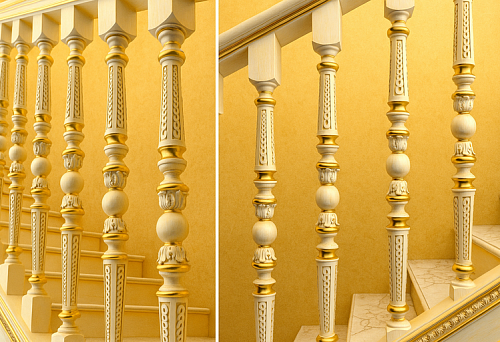 Elegant 3D balusters with gold finish on a light staircase