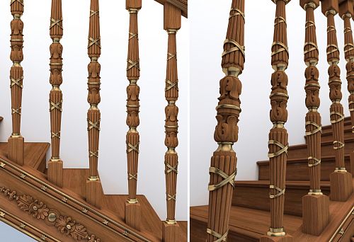 Carved balusters with gold decorative detailing on a staircase, example of artistic baluster installation
