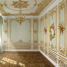 Резной наконечник на молдинг N-364R в интерьере гостиной