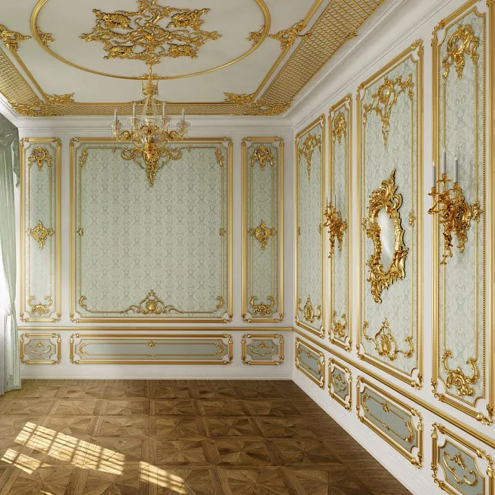 Резной наконечник на молдинг N-364R в интерьере гостиной