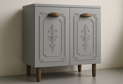 Gray cabinet with decorative carving on the fronts and wooden legs