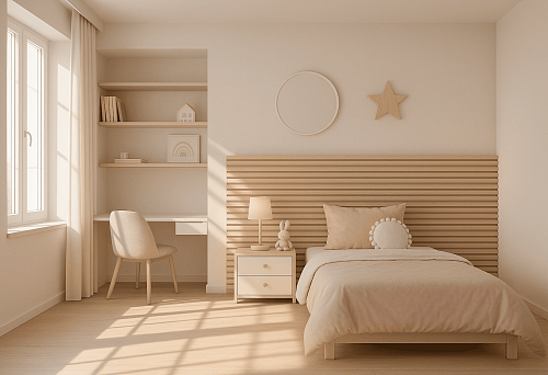 Bright bedroom with decorative MDF slats on the wall