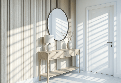 Interior with 16&times;40&times;2800 MDF planks and light furniture