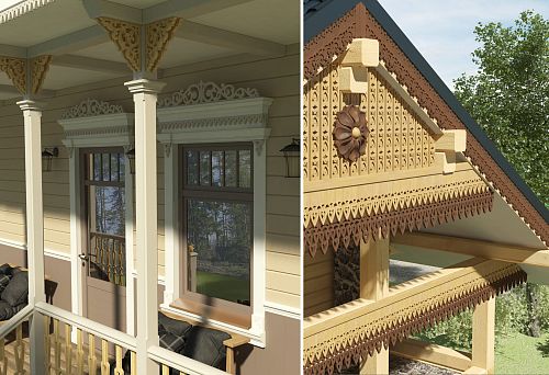 House facade in Russian estate style with windows adorned with carved window casings.