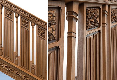Wooden balusters with carved inserts and strict vertical lines &mdash; overall view
