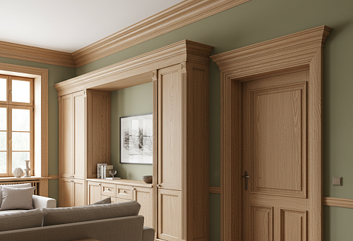 Интерьер с мебельным погонажем, массивными деревянными карнизами и дверными наличниками; единая система профилей связывает стены, двери и встроенную мебель.