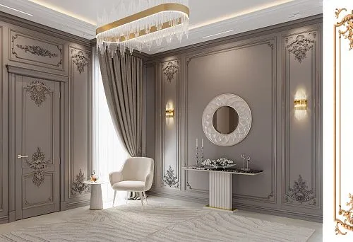 Beautiful interior with carved wooden panels and classic lighting fixtures.