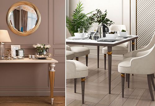 Modern wooden table with exquisite decor in the dining area