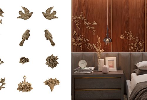 Carved Appliqu&eacute;s with Flowers and Birds, Original Floral Decor on Wooden Wall in Modern Bedroom