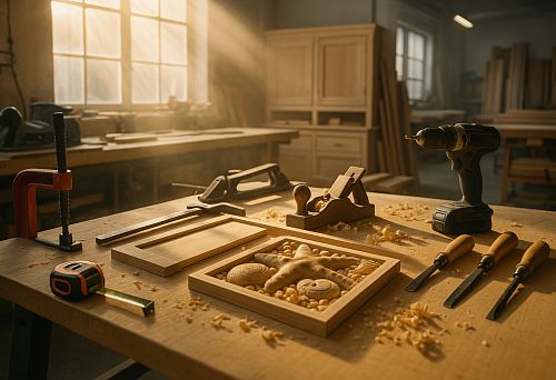 A carpenter's workbench with tools and a carved wooden panel, sunlight in the workshop