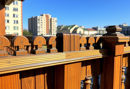 Wooden balusters and balcony railing with a city view, architectural elegance, Yekaterinburg