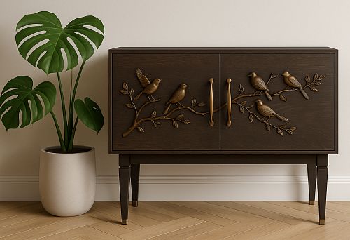 Case furniture &mdash; wooden cabinet with carved decorative ornament of birds on branches