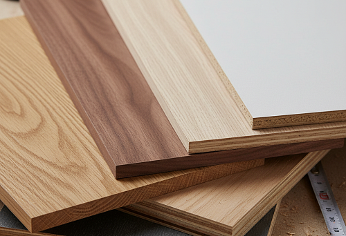 samples of panels made from different materials &mdash; MDF, laminated chipboard, veneer, and laminated panels for furniture facades