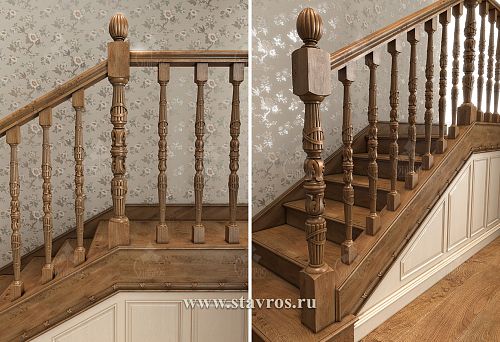 Staircase with decorative carved wooden balusters in a classical interior