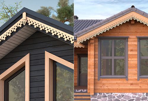 Modern house with window casings in Russian style and carved decoration under the roof.