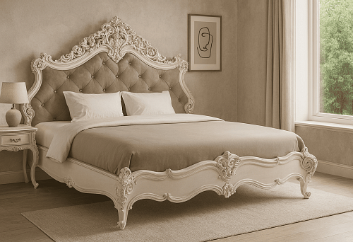 Italian bedroom furniture &mdash; bed with carved headboard and bedside table