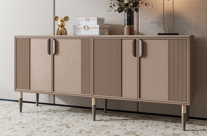 Dresser decorated in modern design with wooden Wave HL-006 handles, moldings, and elegant legs.