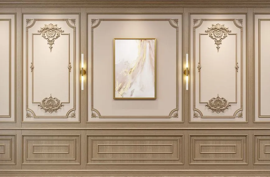 Classic wall panels with carved decoration, built-in sconces, and artwork in gilded frames, luxurious interior with decorative moldings.