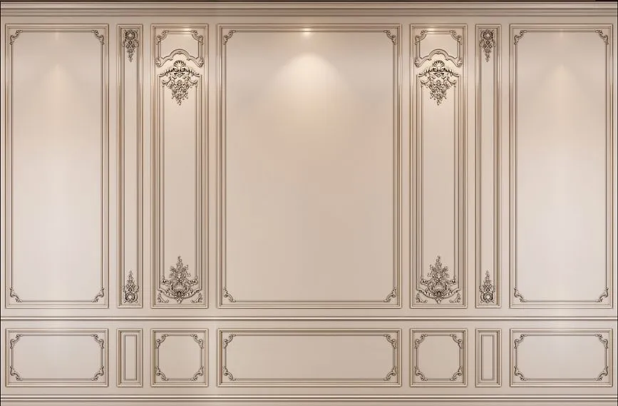 Interior with wall panels INT-028. Decoration made of natural wood with carved elements