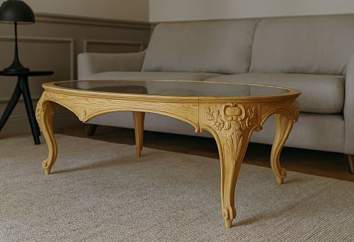 Classic dining table base made of solid wood with decorative carving and curved legs
