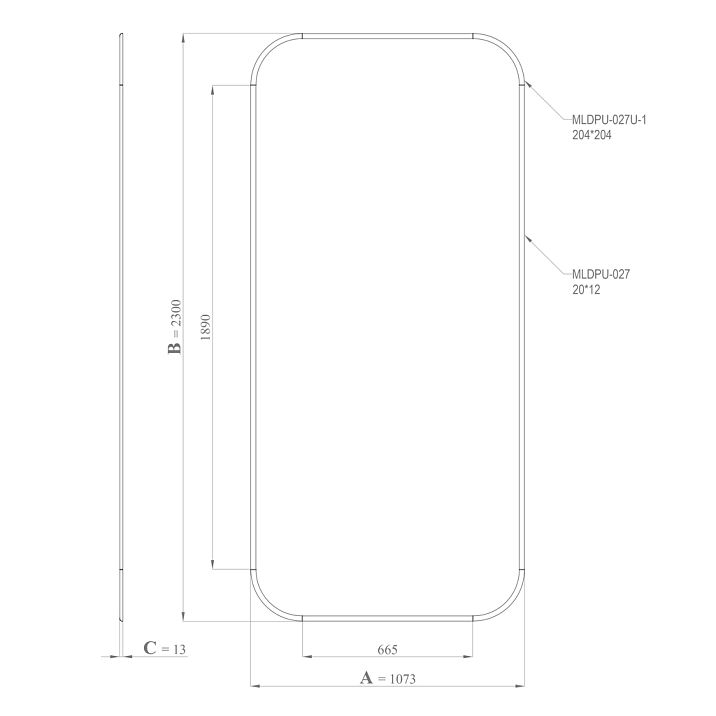 Drawing of the CPU-3-1 Decorative Molding Kit: height 2300 mm, width 1073 mm, thickness 13 mm, profile MLDPU-027 and radius corners