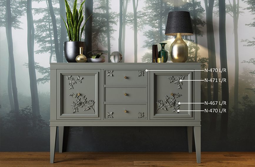 Chest KMD-002 with carved appliqu&eacute;s in a modern interior.