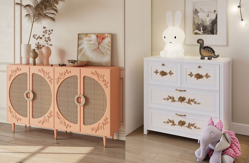 Chest of drawers KMD-029, adorned with carved appliqu&eacute;s and elegant Solea HL-025 handles.