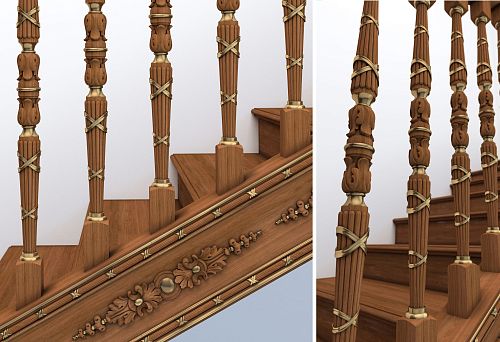 Balustrade 50 with carved pattern and decorative strap &mdash; overall view of the staircase