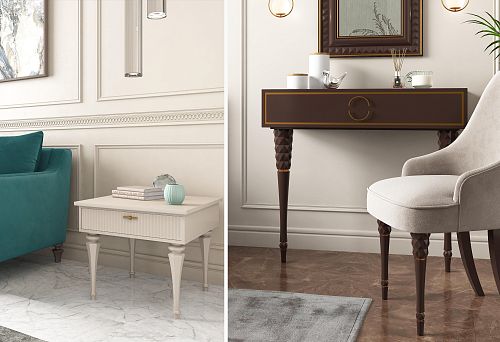 Stylish wooden chairs with soft upholstery and carved legs in classic and modern design