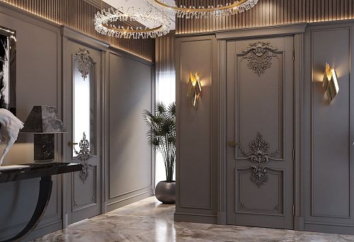 Elegant wooden facades with exquisite carving and classic finish in a modern aristocratic interior