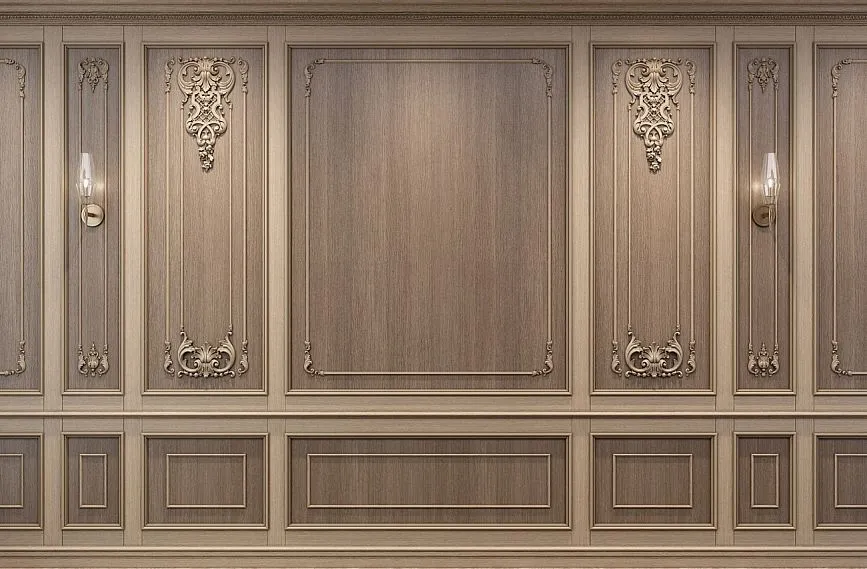 Classic wooden wall panels with carved decoration, built-in sconces and decorative moldings, elegant interior in classical style